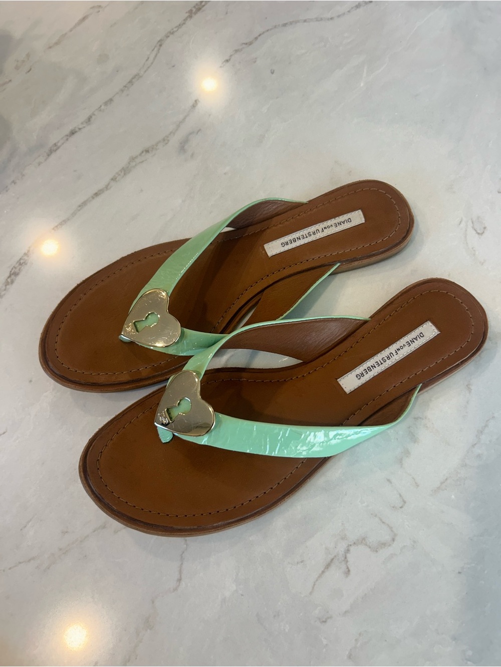 Diane Von Furstenberg Mint Patent Leather Thong Sandals with Heart Accent - Picture 2 of 10